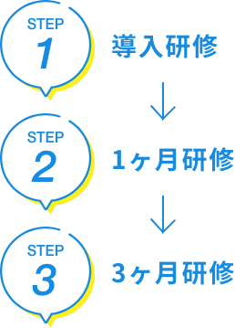 導入研修→1ヶ月研修→3ヶ月研修